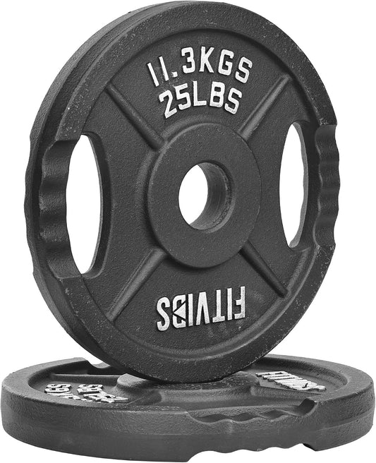 Fitvids Dual-Hole Cast Iron Weight Plates with 2-Inch Center Hole, Black with Silver Lettering, for Standard Barbell and Home Gym Use