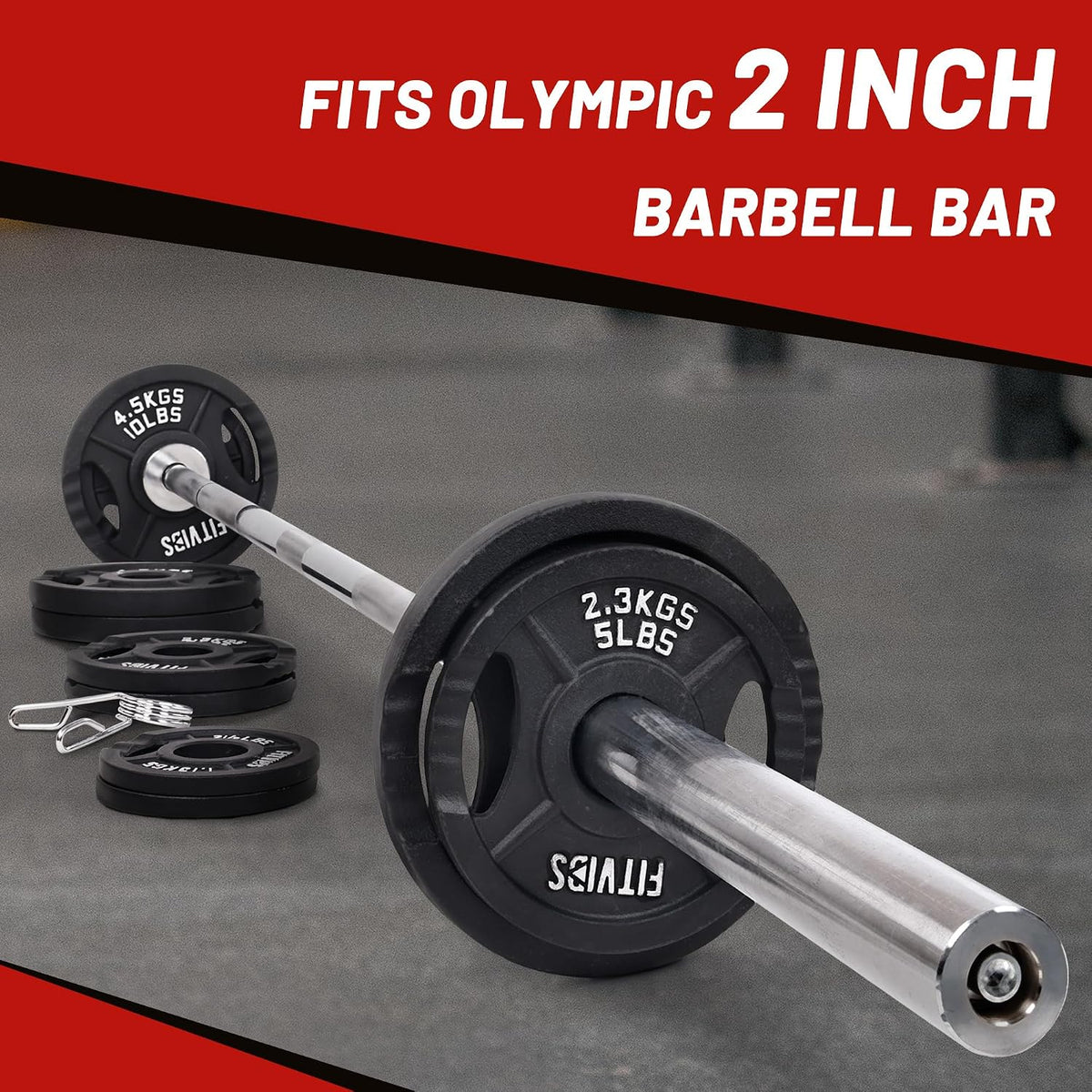 Fitvids Dual-Hole Cast Iron Olympic Weight Plates, 2-Inch Center Hole, Black with Silver Markings, for Barbells & Home Gym Strength Training