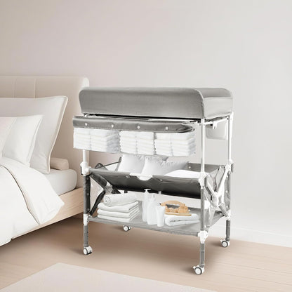 Foldable Mobile Baby Changing Table, Adjustable Height Waterproof Diaper Changing Station with Wheels, Nursery Storage Organizer for Newborns